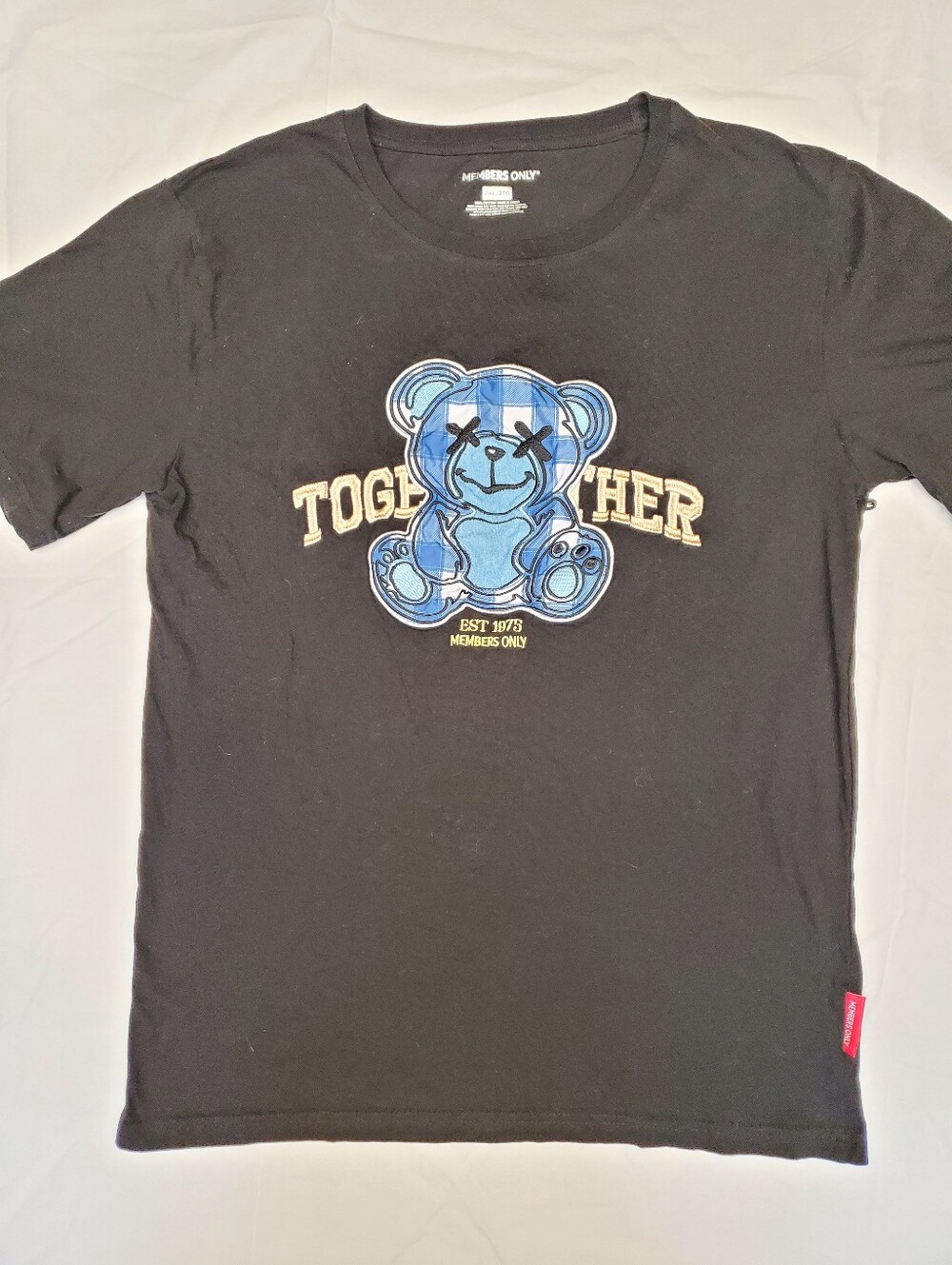 Members Only Mens 2XL Black Tee Chenille Plaid Teddy Bear Together Stay Humble